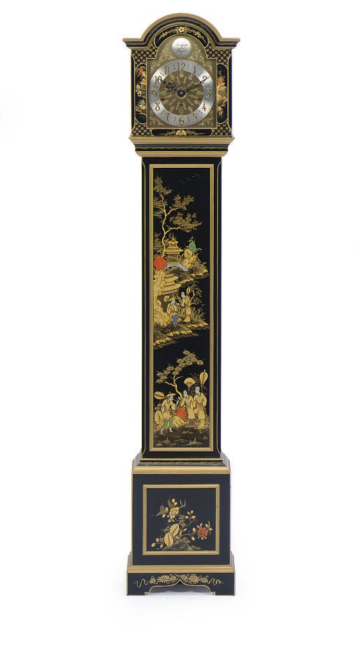 A BLACK AND GILT-CHINOISERIE DECORATED GRANDMOTHER CLOCK,