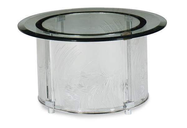 A FRENCH CHROMED-METAL MOUNTED MOLDED GLASS '3 LIONESSES' TABLE,