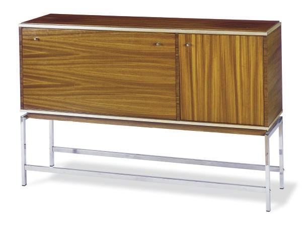 A FRENCH ROSEWOOD, CHROMED-METAL AND ALUMINUM SIDE CABINET**,