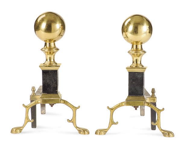 A PAIR OF BRASS AND STEEL ANDIRONS,