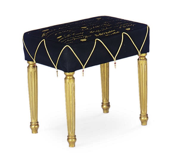A GILTWOOD AND UPHOLSTERED STOOL,