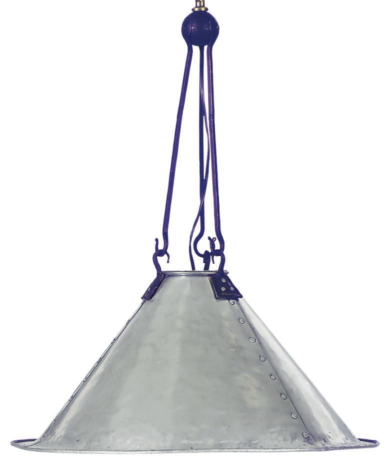 AN ALUMINUM AND ENAMELED METAL HANGING LANTERN,