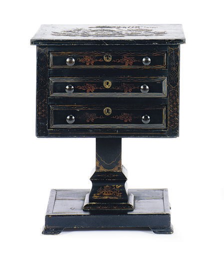 A BLACK AND GILT-JAPANNED WORK TABLE,