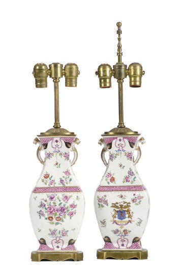 A PAIR OF GILT-METAL MOUNTED PORCELAIN TABLE LAMPS,