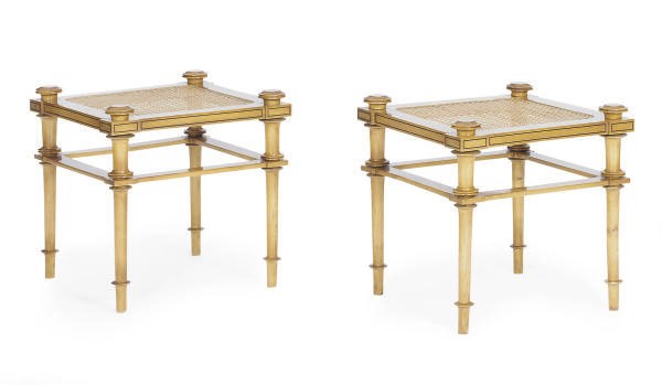 A PAIR OF ASH, EBONY AND CANED STOOLS,