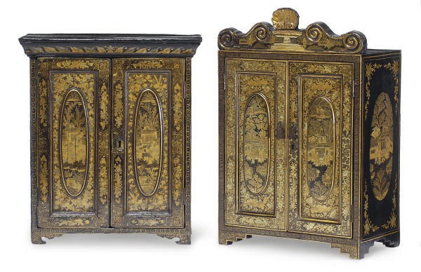 TWO CHINESE EXPORT BLACK AND GILT-LACQUERED TABLE CABINETS**,