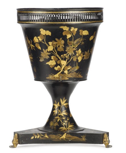 A BLACK AND GILT-DECORATED TOLE PEINTE JARDINIERE,