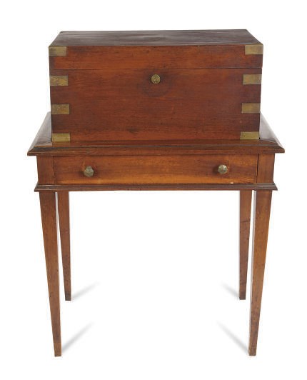 A BRASS-BOUND MAHOGANY HUMIDOR ON LATER STAND,