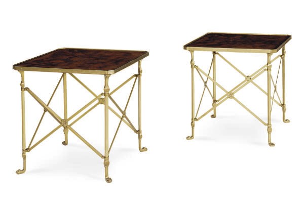 A PAIR OF BRASS AND MAHOGANY SIDE TABLES,