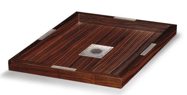 A MACASSAR EBONY AND ENAMELED 'LOTUS' TRAY**,