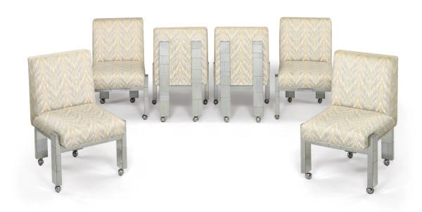 A SET OF SIX CHROMED-METAL AND UPHOLSTERED 'CITYSCAPE' DINING CHAIRS,