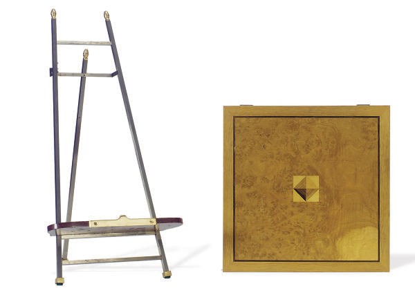 A PARQUETRY BOX AND A STEEL AND BRASS EASEL