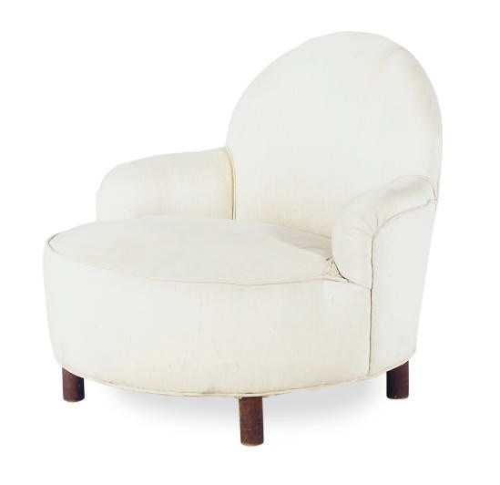 A WHITE-UPHOLSTERED SLIPPER CHAIR,