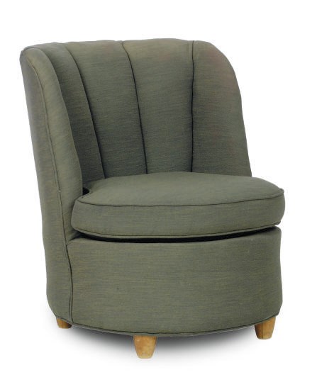 A WALNUT AND UPHOLSTERED SLIPPER CHAIR,