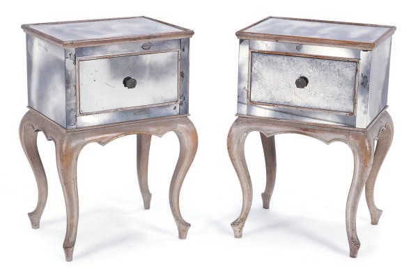 A PAIR OF GREY-PAINTED AND MIRRORED SIDE TABLES,