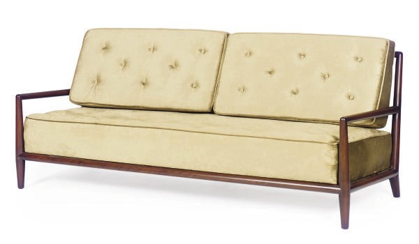 A PAIR OF MAHOGANY AND VELVET-UPHOLSTERED SOFAS,