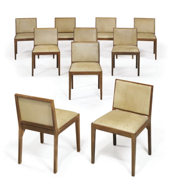 A SET OF TEN WALNUT DINING CHAIRS,