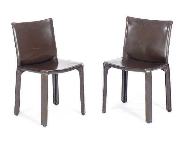 A SET OF SIX ZIPPERED BROWN LEATHER 'CAB' CHAIRS,