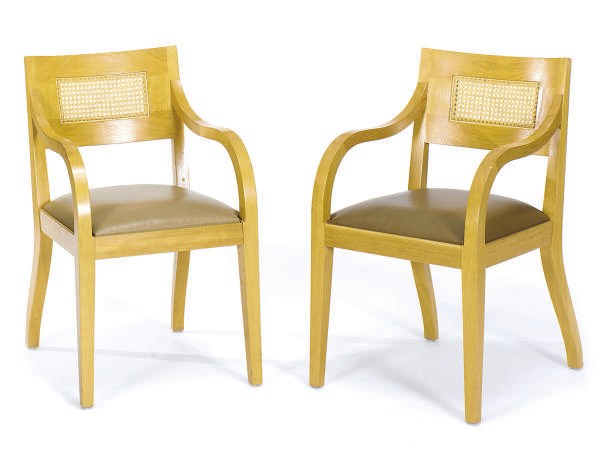 A SET OF EIGHT OAK AND CANED ARMCHAIRS,