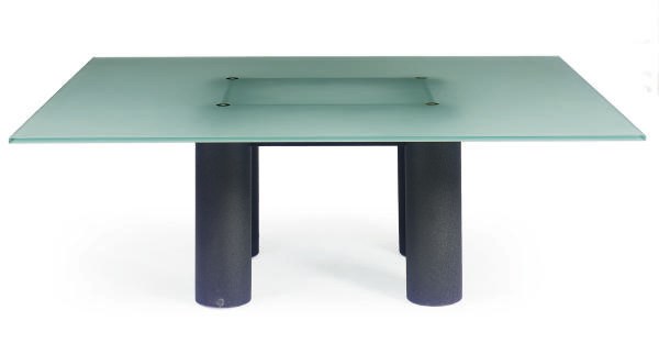 AN ENAMELED METAL AND GLASS DINING TABLE,