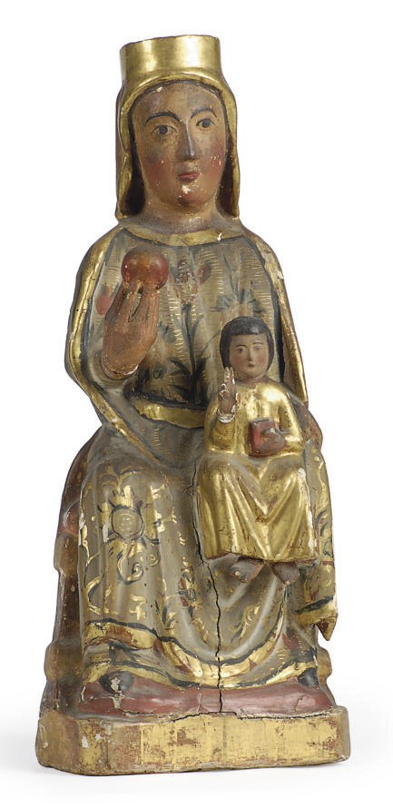 A SPANISH COLONIAL CARVED POLYCHROME-DECORATED AND GILTWOOD FIGURE OF MADONNA AND CHILD,
