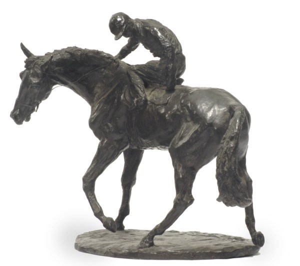 AN ENGLISH PATINATED BRONZE FIGURAL GROUP OF HORSE AND RIDER,