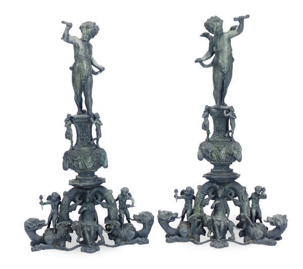 A PAIR OF RENAISSANCE REVIVAL PATINATED METAL FIGURAL ANDIRONS,