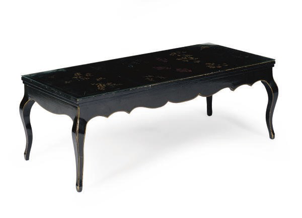 AN EBONIZED AND POLYCHROME-DECORATED LOW TABLE,