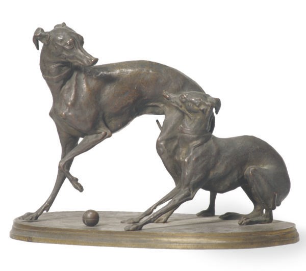 A FRENCH PATINATED BRONZE FIGURAL GROUP OF WHIPPETS,
