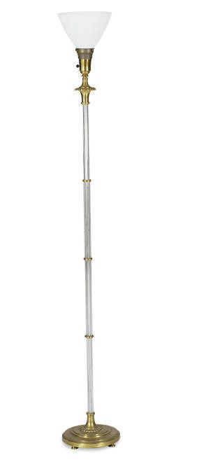 A BRASS MOUNTED GLASS FLOOR LAMP,