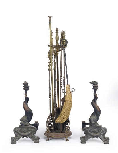A PAIR OF GILT-METAL AND STEEL DOLPHIN-FORM ANDIRONS,