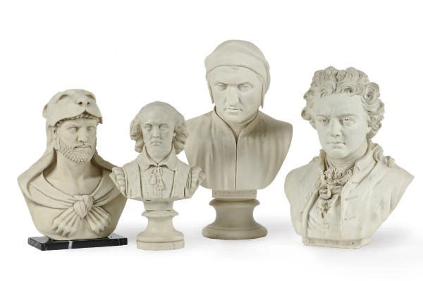 A GROUP OF TEN PLASTER, PARIAN AND BISCUIT PORCELAIN BUSTS,