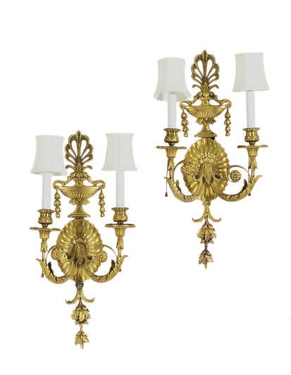 A PAIR OF GILT-METAL TWO-BRANCH WALL-LIGHTS,