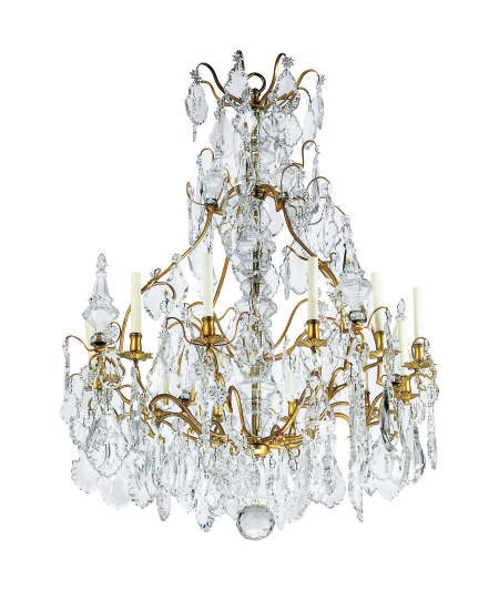 A GILT-METAL AND CUT-GLASS TWELVE-LIGHT CHANDELIER