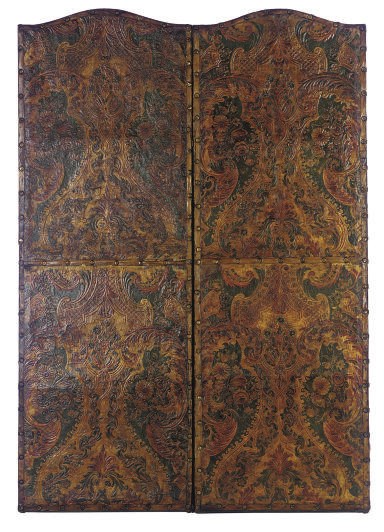 A SPANISH POLYCHROME-DECORATED AND TOOLED-LEATHER TWO-PANEL SCREEN,