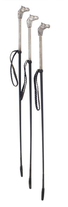 THREE STERLING SILVER AND LEATHER JOCKEY WHIPS,