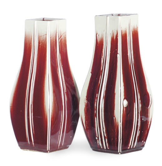 A PAIR OF CERAMIC OX-BLOOD RED AND WHITE GLAZED VASES,