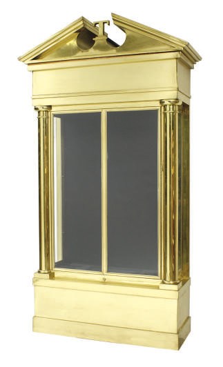 A LARGE BRASS, STEEL AND GLASS VITRINE,