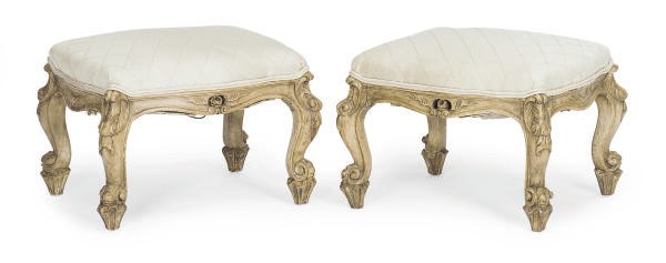A PAIR OF PAINTED AND UPHOLSTERED SERPENTINE TABOURETS,