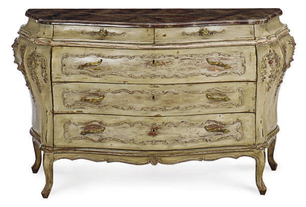 AN ITALIAN PAINT-DECORATED AND FAUX MARBLE BOMBE COMMODE,