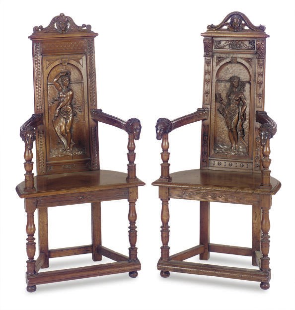 A MATCHED PAIR OF FRENCH WALNUT ARMCHAIRS,