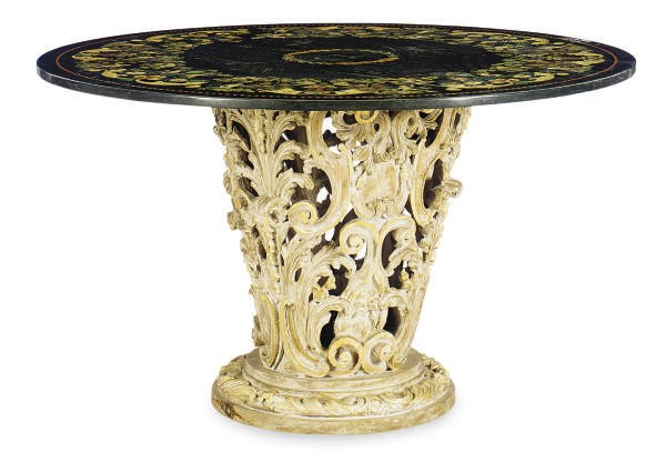 A GILTWOOD AND PAINTED MARBLE TOP CENTER TABLE,
