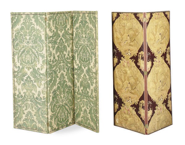 TWO FABRIC-MOUNTED FLOOR SCREENS,