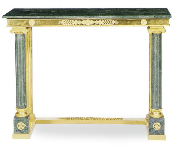 A PAIR OF FRENCH ORMOLU-MOUNTED GREEN MARBLE PIER TABLES,