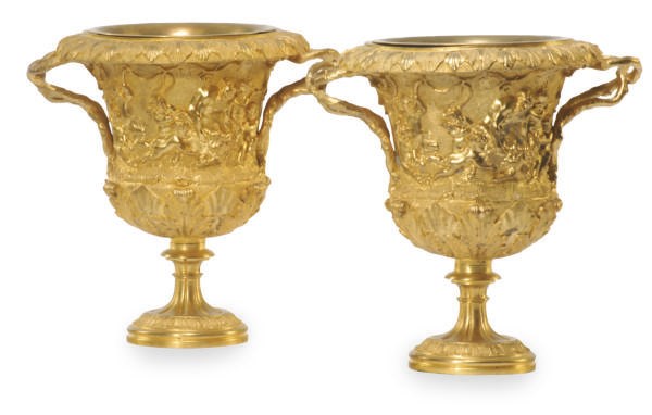 A PAIR OF FRENCH ORMOLU URNS,