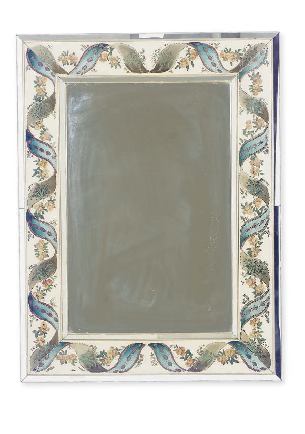 A REVERSE PAINTED MIRROR,