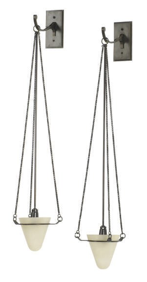 A SET OF FOUR METAL AND ALABASTER SINGLE-BRANCH WALL LIGHTS,
