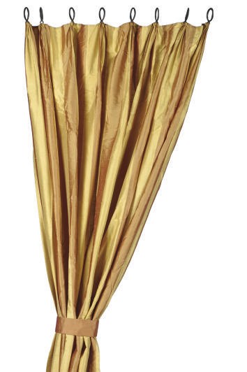 A GROUP OF GOLD AND BRONZE STRIPED SILK CURTAINS,