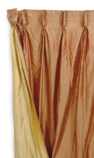 A GROUP OF GOLD AND BRONZE RAW SILK CURTAIN PANELS,