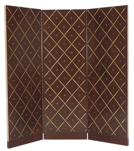 THREE MAHOGANY, PARCEL-GILT AND UPHOLSTERED FLOOR SCREENS,
